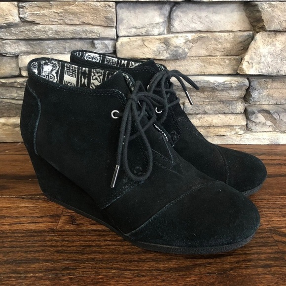 Toms Black Suede Desert Wedge Ankle Boots Booties 380515 Women Size 9 Lace Up, - Picture 2 of 13